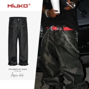 MIJKO Unisex Brush Wax Zipper Original Cow Jeans Men's and Women's Denim Pants ZJ117
