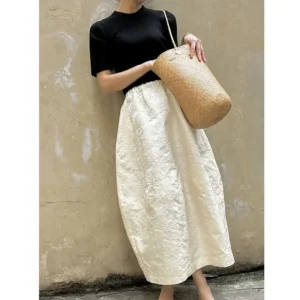 Alternative view of 2025 New Arrival Spring/summer Arts Style Women Casual Loose Fit Elastic Waist A-line Jacquard Design Ankle-length Skirt