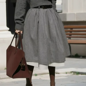 ay Stripe Double Layer Splicing Skirt High Waist Commuter Sle Midi Skirt Loose Fit Regular Thin Pure Color Design