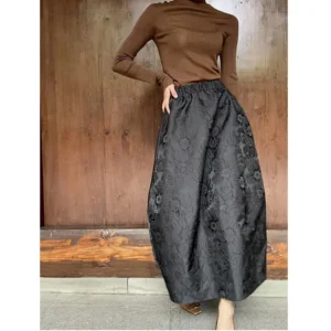 2025 New Arrival Spring/summer Arts Style Women Casual Loose Fit Elastic Waist A-line Jacquard Design Ankle-length Skirt