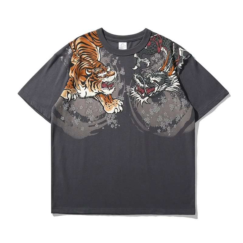 Japanese Style Tiger Dragon Print T Shirt Fashion Vintage Streetwear Hipster Tshirt Men Casual Short Sleeve T-Shirt Clothing - Image 2