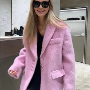 Alternative view of Pink Lapel Woolen Plush Coats Women Elegant Long Sleeve Button Office Lady Blazer Jacket 2025 Winter Fashion Packet Loose Coat