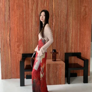 Alternative view of CHEERART Vintage Red Mesh Long Skirts For Woman Lace Up Wrap Maxi Skirt Japanese Fashion Luxury Designer Women Clothing