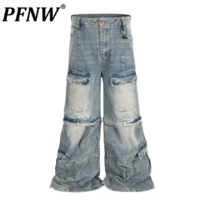 PFNW Men's Trousers Washed Blue Denim Flared Distressed Micro Flared Jeans With Multiple Pockets Detachable Cargo Pants 28W6789