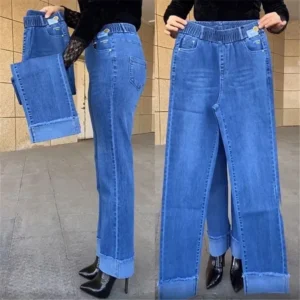 Middle-aged Mother Jeans Spring Summer Stretch Waist Straight Denim Pants Women's Autumn Large Size Casual Ankle-Length Trousers
