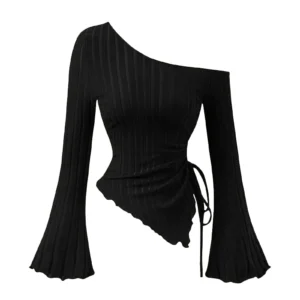 women's New off shoulder cross long sleeved slim fit casual street style asymmetrical elegant T-shirt trumpet sleeve top