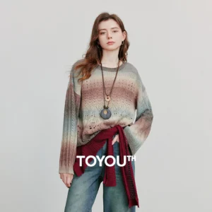 TOYOUTH Women Knitted Shirt 2025 Autumn New Round Neck Gradient Mohair Lightweight Woolen Pullover Tops
