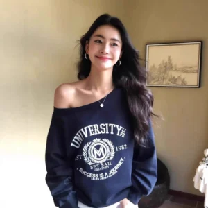 Cool Fashionable Korean Style Letter Print Oversized Early Autumn Lazy Style Sweatshirt Shoulder Print Polyester Fiber Women's H