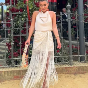Tassels Patchwork High Waist Skirt Women Elegant A-line Loose Fit Lace Up Long Skirts 2025 Chic Female Party Club Streetwear New