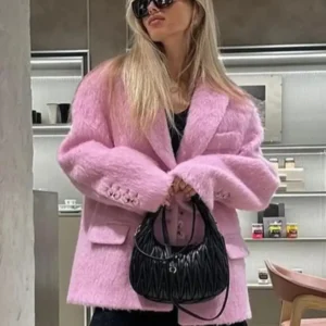 Pink Lapel Woolen Plush Coats Women Elegant Long Sleeve Button Office Lady Blazer Jacket 2025 Winter Fashion Packet Loose Coat