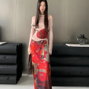 CHEERART Vintage Red Mesh Long Skirts For Woman Lace Up Wrap Maxi Skirt Japanese Fashion Luxury Designer Women Clothing